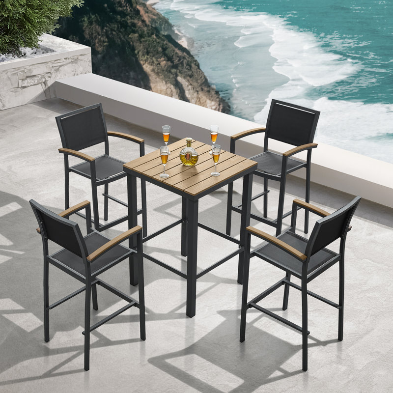 Carlo 5 Pieces Patio Bar Set Faux Wood Tabletop with 4 High Stools